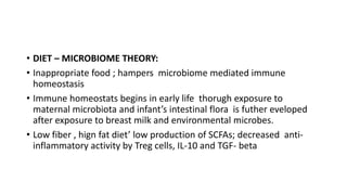 • DIET – MICROBIOME THEORY:
• Inappropriate food ; hampers microbiome mediated immune
homeostasis
• Immune homeostats begins in early life thorugh exposure to
maternal microbiota and infant’s intestinal flora is futher eveloped
after exposure to breast milk and environmental microbes.
• Low fiber , hign fat diet’ low production of SCFAs; decreased anti-
inflammatory activity by Treg cells, IL-10 and TGF- beta
 
