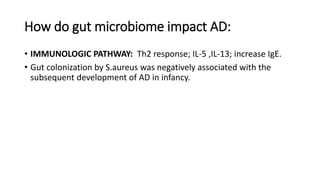 How do gut microbiome impact AD:
• IMMUNOLOGIC PATHWAY: Th2 response; IL-5 ,IL-13; increase IgE.
• Gut colonization by S.aureus was negatively associated with the
subsequent development of AD in infancy.
 