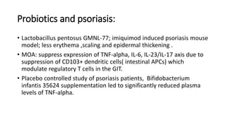 Probiotics and psoriasis:
• Lactobacillus pentosus GMNL-77; imiquimod induced psoriasis mouse
model; less erythema ,scaling and epidermal thickening .
• MOA: suppress expression of TNF-alpha, IL-6, IL-23/IL-17 axis due to
suppression of CD103+ dendritic cells( intestinal APCs) which
modulate regulatory T cells in the GIT.
• Placebo controlled study of psoriasis patients, Bifidobacterium
infantis 35624 supplementation led to significantly reduced plasma
levels of TNF-alpha.
 