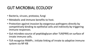 GUT MICROBIAL ECOLOGY
• Bacteria, viruses, protozoa, fungi
• Metabolic and immune benefits to host.
• Protection against invasion by exogenous pathogens directly by
competitively binding to epithelial cells and indirectly by triggering
immune responses.
• Gut microbes-source of peptidoglycan-alter TLR(PRR) on surface of
innate immune cells.
• TLR recognise PAMPs ; initiate linking of innate to adaptive immune
system via NF-KB
 