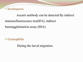  Serodiagnosis
Ascaris antibody can be detected By indirect
immunofluorescence test(IFA), indirect
haemagglutination assay (IHA).
 Eosinophilia
During the larval migration.
 