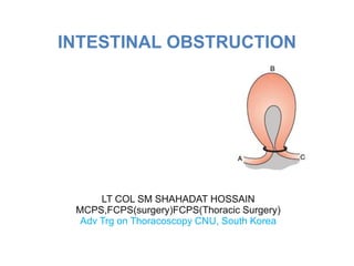INTESTINAL OBSTRUCTION
LT COL SM SHAHADAT HOSSAIN
MCPS,FCPS(surgery)FCPS(Thoracic Surgery)
Adv Trg on Thoracoscopy CNU, South Korea
 