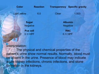 Interpretation:
The physical and chemical properties of the
patient’s urine show normal results. Normally, blood must
be absent in the urine. Presence of blood may indicate
acute kidney infections, chronic infections, and stone
formation in the kidneys.
Color Reaction Transparency Specific gravity
Light yellow 6.0 Clear 1.003
Sugar Albumin
Negative Negative
Pus cell RBC
0.1/ HPF 0.1/ HPF
 