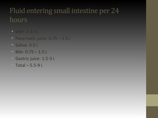 Fluid entering small intestine per 24
hours
• Diet- 2-2.5 l
• Pancreatic juice- 0.75 – 1.5 l
• Saliva- 0.5 l
• Bile- 0.75 – 1.5 l
• Gastric juice- 1.5-3 l
• Total – 5.5-9 l
 