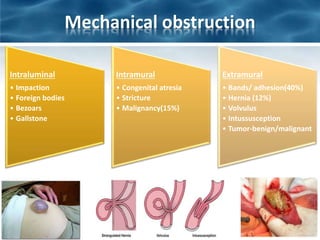 Mechanical obstruction
Intraluminal
• Impaction
• Foreign bodies
• Bezoars
• Gallstone
Intramural
• Congenital atresia
• Stricture
• Malignancy(15%)
Extramural
• Bands/ adhesion(40%)
• Hernia (12%)
• Volvulus
• Intussusception
• Tumor-benign/malignant
 