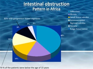40%
16%
14%
14%
10%
3% 3%
Adhesions
Hernia
Small Intest volvolus
Intussusception
Sigmoid volvolus
Ascaris
Large bowel tumor
80% with gangrenous bowel segments
70 % of the patients were below the age of 15 years
Intestinal obstruction
Pattern in Africa
 