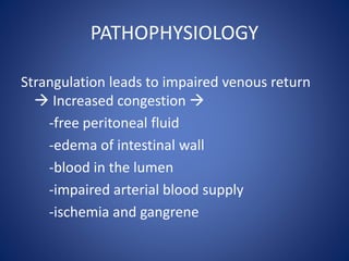 PATHOPHYSIOLOGY
Strangulation leads to impaired venous return
 Increased congestion 
-free peritoneal fluid
-edema of intestinal wall
-blood in the lumen
-impaired arterial blood supply
-ischemia and gangrene
 