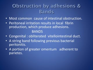 • Most common cause of intestinal obstruction.
• Peritoneal irritation results in local fibrin
production, which produce adhesions.
BANDS
• Congenital : obliterated vitellointestinal duct.
• A string band following previous bacterial
peritonitis.
• A portion of greater omentum adherent to
parietes.
 