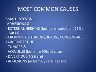 MOST COMMON CAUSES
SMALL INTESTINE
-ADHESIONS &
- EXTERNAL HERNIAS (both are more than 75% of
cases)
- CROHN’S, TB, TUMORS, INTUS., CONGENITAL………
LARGE INTESTINE
- TUMORS &
- VOLVULUS (both are 90% of cases
- DIVERTIDULITIS (rare)
- ADHESIONS (extremely rare if at all)
 