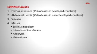 Extrinsic Causes
1. Fibrous adhesions (75% of cases in developed countries)
2. Abdominal Hernia (75% of cases in underdeveloped countries)
3. Volvulus
4. Masses
• Extrinsic neoplasm
• Intra-abdominal abscess
• Aneurysm
• Haematoma
12
SBO
 