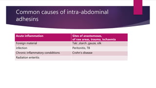 Common causes of intra-abdominal
adhesins
Acute inflammation Sites of anastomoses,
of raw areas, trauma, ischaemia
Foreign material Talc ,starch ,gauze, silk
infection Peritonitis, TB
Chronic inflammatory condditions Crohn’s disease
Radiation enteritis
 