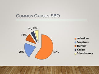 COMMON CAUSES SBO
60%20%
5% 5%
10%
Adhesions
Neoplasms
Hernias
Crohns
Miscellaneous
 
