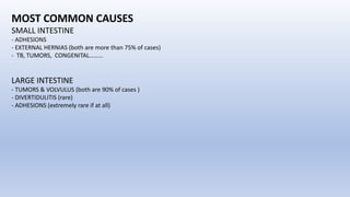 MOST COMMON CAUSES
SMALL INTESTINE
- ADHESIONS
- EXTERNAL HERNIAS (both are more than 75% of cases)
- TB, TUMORS, CONGENITAL………
LARGE INTESTINE
- TUMORS & VOLVULUS (both are 90% of cases )
- DIVERTIDULITIS (rare)
- ADHESIONS (extremely rare if at all)
 