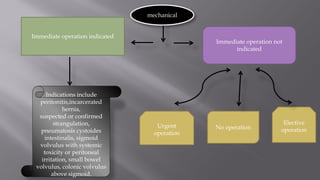 Immediate operation indicated
Immediate operation not
indicated
Urgent
operation
No operation
Elective
operation
mechanical
Indications include
peritonitis,incarcerated
hernia,
suspected or confirmed
strangulation,
pneumatosis cystoides
intestinalis, sigmoid
volvulus with systemic
toxicity or peritoneal
irritation, small bowel
volvulus, colonic volvulus
above sigmoid.
 