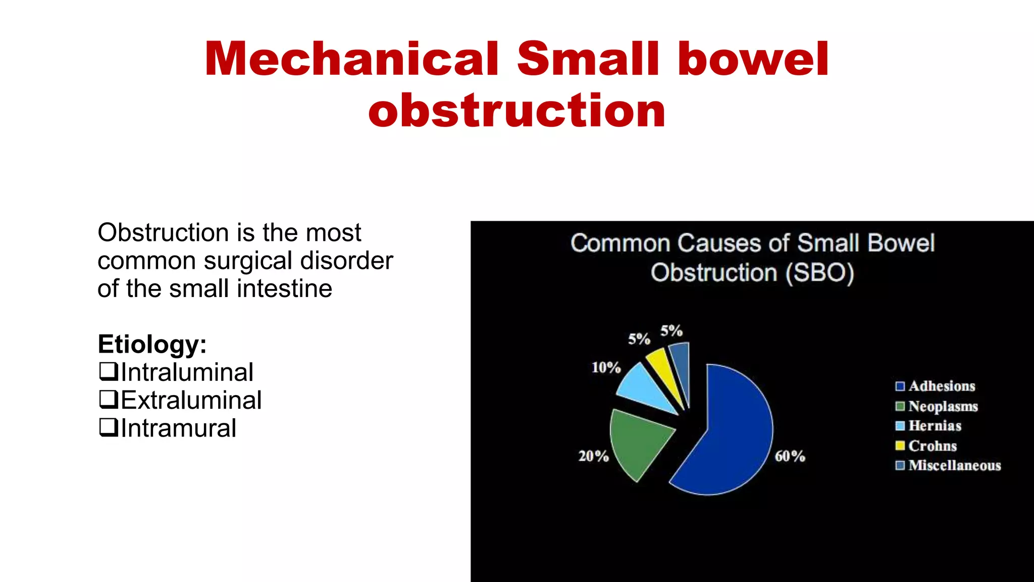 Mechanical Small bowel
obstruction
Obstruction is the most
common surgical disorder
of the small intestine
Etiology:
Intraluminal
Extraluminal
Intramural
 
