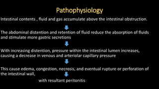 Pathophysiology
Intestinal contents , fluid and gas accumulate above the intestinal obstruction.
The abdominal distention and retention of fluid reduce the absorption of fluids
and stimulate more gastric secretions
With increasing distention, pressure within the intestinal lumen increases,
causing a decrease in venous and arteriolar capillary pressure
This cause edema, congestion, necrosis, and eventual rupture or perforation of
the intestinal wall,
with resultant peritonitis
 
