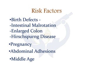 Risk Factors
•Birth Defects -
-Intestinal Malrotation
-Enlarged Colon
-Hirschspurng Disease
•Pregnancy
•Abdominal Adhesions
•Middle Age
 