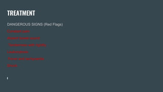 TREATMENT
DANGEROUS SIGNS (Red Flags)
Constant pain
Absent bowel sound
Tenderness with rigidity
Leukocytosis
Fever and tachycardia
Shock
 