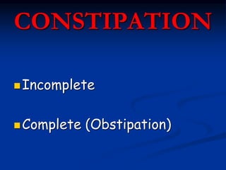 CONSTIPATION
Incomplete
Complete (Obstipation)
 