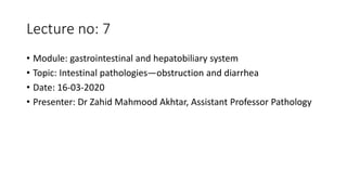 Lecture no: 7
• Module: gastrointestinal and hepatobiliary system
• Topic: Intestinal pathologies—obstruction and diarrhea
• Date: 16-03-2020
• Presenter: Dr Zahid Mahmood Akhtar, Assistant Professor Pathology
 