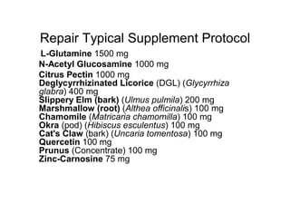 Repair Typical Supplement Protocol 
L-Glutamine 1500 mg 
N-Acetyl Glucosamine 1000 mg 
Citrus Pectin 1000 mg 
Deglycyrrhizinated Licorice (DGL) (Glycyrrhiza 
glabra) 400 mg 
Slippery Elm (bark) (Ulmus pulmila) 200 mg 
Marshmallow (root) (Althea officinalis) 100 mg 
Chamomile (Matricaria chamomilla) 100 mg 
Okra (pod) (Hibiscus esculentus) 100 mg 
Cat's Claw (bark) (Uncaria tomentosa) 100 mg 
Quercetin 100 mg 
Prunus (Concentrate) 100 mg 
Zinc-Carnosine 75 mg 
 