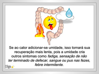 Olga Se ao calor adicionar-se umidade, isso tornará sua recuperação mais lenta, pois a umidade cria  outros sintomas como  fadiga, sensação de não  ter terminado de defecar, sangue ou pus nas fezes,  febre intermitente .  