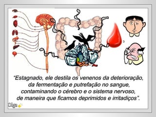 Olga “ Estagnado, ele destila os venenos da deterioração, da fermentação e putrefação no sangue, contaminando o cérebro e o sistema nervoso,  de maneira que ficamos deprimidos e irritadiços”. 