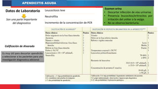 APENDICITIS AGUDA
Son una parte importante
del diagnostico
Datos de Laboratorio Leucocitosis leve
Neutrofilia
Incremento de la concentración de PCR
Examen orina
• Descartar infección de vías urinarias
• Presencia leucocitos/eritrocitos por
irritación del uréter o la vejiga.
• No se observa bacteriuria.
Es muy útil para descartar apendicitis
y seleccionar a los pacientes para una
investigación diagnostica adicional.
Calificación de Alvarado
 