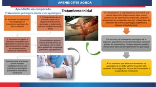 APENDICITIS AGUDA
Tratamiento Inicial
Apendicitis no complicada
Tratamiento quirúrgico frente a no quirúrgico
En pacientes con apendicitis
no complicada, el
tratamiento quirúrgico ha
sido el estándar
1. En los pacientes en un
entorno en que no se
dispone de tratamiento
quirúrgico el tratamiento
solo con antibióticos resulto
eficaz
2. Pacientes con signos y
síntomas compatibles con
apendicitis en quienes no se
aplico tratamiento medico,
en ocasiones tenían
resolución espontanea
En pacientes en quienes
fracasa el tratamiento no
quirúrgico, casi la mitad
tiene apendicitis complicada
(perforada o gangrenosa).
Pacientes que al principio
fueron tratados
satisfactoriamente con
medidas no quirúrgicas
presentaron apendicitis
recidivante
En comparación, la apendicetomía demostró una
tasa de deserción relativamente baja, menor
proporción de apendicitis complicada, pequeña
proporción de un apéndice normal y tasas bajas de
infección de la herida quirúrgica superficial y
absceso intraabdominal.
Por lo tanto, el tratamiento quirúrgico de la
supuesta apendicitis no complicada sigue siendo el
patrón de tratamiento. Aunque algunos pueden
evolucionar bien con el tratamiento no quirúrgico
A los pacientes que desean tratamiento no
quirúrgico se les debe valorar muy bien con
respecto a los riesgos del fracaso del tratamiento y
la apendicitis recidivante
 