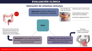 EVALUACIÓN CLÍNICA
Valoración de síntomas comunes
Dolor
Abdominal: Se debe a obstrucción,
inflamación, perforación o isquemia.
Pélvico: Puede originarse en el
colon distal y el recto o estructuras
urogenitales adyacentes
Anorrectal: Es con mayor frecuencia
secundario a una fisura anal, absceso o
fístula perirrectales
Rx y estudios con
medio de contraste
Sigmoidoscopia y colonoscopia
Contraindicada: perforación u
obstrucción casi completa
Anamnesis y exploración física
Tenesmo
Proctitis o Tumoración
rectal o retrorrectal
Otras causas menos comunes:
-Neoplasias del conducto anal
-Infección de la piel perianal
-Padecimientos dermatológicos
BIBLIOGRAFÍA: Brunicardi, F. Charles (c2015). Schwartz Principios de cirugía. México: McGrawHill Education. (BCQS02112). PAG 1180-1185
 