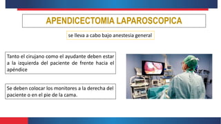 APENDICECTOMIA LAPAROSCOPICA
se lleva a cabo bajo anestesia general
Tanto el cirujano como el ayudante deben estar
a la izquierda del paciente de frente hacia el
apéndice
Se deben colocar los monitores a la derecha del
paciente o en el pie de la cama.
 
