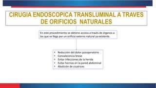 CIRUGIA ENDOSCOPICA TRANSLUMINAL A TRAVES
DE ORIFICIOS NATURALES
En este procedimiento se obtiene acceso a través de órganos a
los que se llega por un orificio externo natural ya existente.
• Reducción del dolor posoperatorio
• Convalecencia breve
• Evitar infecciones de la herida
• Evitar hernias en la pared abdominal
• Abolición de cicatrices
 
