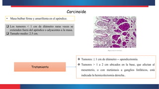 Carcinoide
• Masa bulbar firme y amarillenta en el apéndice.
 Los tumores < 1 cm de diámetro raras veces se
extienden fuera del apéndice o adyacentes a la masa.
 Tamaño medio: 2.5 cm.
 Tumores: ≤ 1 cm de diámetro -- apendicetomía.
 Tumores > 1 a 2 cm ubicados en la base, que afectan al
mesenterio, o con metástasis a ganglios linfáticos, está
indicada la hemicolectomia derecha..
Tratamiento
 