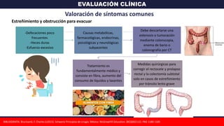 EVALUACIÓN CLÍNICA
-Defecaciones poco
frecuentes
-Heces duras
-Esfuerzo excesivo
Causas metabólicas,
farmacológicas, endocrinas,
psicológicas y neurológicas
subyacentes
Debe descartarse una
estenosis o tumoración
mediante colonscopia,
enema de bario o
colonografía por CT
Tratamiento es
fundamentalmente médico y
consiste en fibra, aumento del
consumo de líquidos y laxantes
Medidas quirúrgicas para
corregir el rectocele y prolapso
rectal y la colectomía subtotal
solo en casos de estreñimiento
por tránsito lento grave
Valoración de síntomas comunes
Estreñimiento y obstrucción para evacuar
BIBLIOGRAFÍA: Brunicardi, F. Charles (c2015). Schwartz Principios de cirugía. México: McGrawHill Education. (BCQS02112). PAG 1180-1185
 
