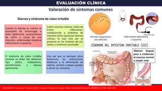 EVALUACIÓN CLÍNICA
Cuando la diarrea es crónica se
acompaña de hemorragia o
dolor abdominal, característicos
de colitis a causa de una
infección, enfermedad intestinal
inflamatoria o isquemia.
Colitis ulcerosa crónica, colitis de
Crohn, infecciones,
malabsorción y síndrome de
intestino corto ocasionan diarrea
crónica, lo cual rara vez se
presenta en los tumores de cel.
islotes y síndrome carcinoide
El síndrome de colon irritable
consiste en dolor del abdomen
tipo cólico, meteorismo,
estreñimiento y diarrea
apremiante.
Una vez que se excluyen otros
trastornos, las restricciones
dietéticas y la eliminación de
cafeína, alcohol y tabaco ayudan
a aliviar los síntomas.
Valoración de síntomas comunes
Diarrea y síndrome de colon irritable
Enfermedad inflamatoria
o isquemia.
Permiten diagnosticar
una infección.
Obtener biopsia
pese a evidenciar
la mucosa normal
a simple vista
BIBLIOGRAFÍA: Brunicardi, F. Charles (c2015). Schwartz Principios de cirugía. México: McGrawHill Education. (BCQS02112). PAG 1180-1185
 