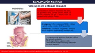 EVALUACIÓN CLÍNICA
Se presenta en personas mayores d e65 años,
la gravedad varía, puede ocurrir desde el
escape ocasional de gas y heces hasta la
pérdida diaria e heces sólidas.
Neurógenas: Enfermedades del SNC y médula
espinal, unidas a lesión del N. pudendo.
Anatómicas: Anomalías congénitas, prolapso
rectal, neoplasia obstructiva y traumatismos
El tratamiento de la diarrea debe ser médico
Biorretroalimentación.
Esfinteroplastia de superposición.
Estimulación del nervio sacro y el esfínter
intestinal artificial
Valoración de síntomas comunes
Incontinencia
BIBLIOGRAFÍA: Brunicardi, F. Charles (c2015). Schwartz Principios de cirugía. México: McGrawHill Education. (BCQS02112). PAG 1180-1185
 