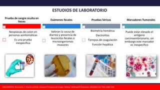 ESTUDIOS DE LABORATORIO
Prueba de sangre oculta en
heces
Neoplasias de colon en
personas asintomáticas
Es una prueba
inespecífica
Exámenes fecales
Valoran la causa de
diarrea y presencia de
leucocitos fecales o
microorganismos
invasores
Pruebas Séricas
Biometría hemática
Electrolitos
Tiempos de coagulación
Función hepática
Marcadores Tumorales
Puede estar elevado el
antígeno
carcinoembrionario, sin
embargo este marcador
es inespecífico
BIBLIOGRAFÍA: Brunicardi, F. Charles (c2015). Schwartz Principios de cirugía. México: McGrawHill Education. (BCQS02112). PAG 1180-1185
 