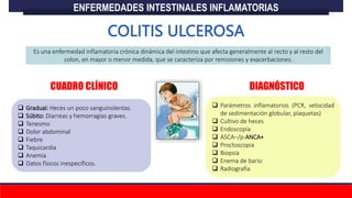 Es una enfermedad inflamatoria crónica dinámica del intestino que afecta generalmente al recto y al resto del
colon, en mayor o menor medida, que se caracteriza por remisiones y exacerbaciones.
 Gradual: Heces un poco sanguinolentas.
 Súbito: Diarreas y hemorragias graves.
 Tenesmo
 Dolor abdominal
 Fiebre
 Taquicardia
 Anemia
 Datos físicos inespecíficos.
ENFERMEDADES INTESTINALES INFLAMATORIAS
CUADRO CLÍNICO DIAGNÓSTICO
 Parámetros inflamatorios (PCR, velocidad
de sedimentación globular, plaquetas)
 Cultivo de heces
 Endoscopía
 ASCA–/p-ANCA+
 Proctoscopia
 Biopsia
 Enema de bario
 Radiografía
 