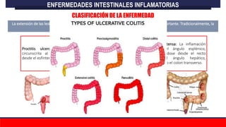 La extensión de las lesiones en la CU tiene una implicación pronóstica y terapéutica muy importante. Tradicionalmente, la
CU se ha clasificado en:
Proctitis ulcerosa: Afectación
circunscrita al recto (15 cm
desde el esfínter anal).
Rectosigmoiditis y colitis
izquierda: Afectación de recto,
sigma y colon descendente
hasta el ángulo esplénico.
- 40 – 45%.
Colitis extensa: La inflamación
rebasa el ángulo esplénico,
extendiéndose desde el recto
hasta el ángulo hepático,
incluyendo el colon transverso.
Pancolitis: Afectación de todo el
marco cólico.
ENFERMEDADES INTESTINALES INFLAMATORIAS
CLASIFICACIÓN DE LA ENFERMEDAD
 