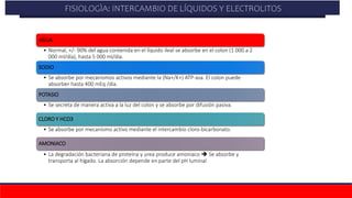 AGUA
• Normal, +/- 90% del agua contenida en el líquido ileal se absorbe en el colon (1 000 a 2
000 ml/día), hasta 5 000 ml/día.
SODIO
• Se absorbe por mecanismos activos mediante la (Na+/K+) ATP-asa. El colon puede
absorber hasta 400 mEq /día.
POTASIO
• Se secreta de manera activa a la luz del colon y se absorbe por difusión pasiva.
CLORO Y HCO3
• Se absorbe por mecanismo activo mediante el intercambio cloro-bicarbonato.
AMONIACO
• La degradación bacteriana de proteína y urea produce amoniaco  Se absorbe y
transporta al hígado. La absorción depende en parte del pH luminal
FISIOLOGÌA: INTERCAMBIO DE LÍQUIDOS Y ELECTROLITOS
 