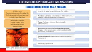 ENFERMEDADES INTESTINALES INFLAMATORIAS
ENFERMEDAD DE CROHN ANAL Y PERIANAL
Irritación de la piel perianal (diarrea): Tto. médico
Apéndices cutáneos y hemorroides no deben extirparse,
a menos que sean en extremo sintomáticos)
Fisuras: Tto local o sistémico (Contraindicada
esfinterotomía)
Abscesos recurrentes o las fístulas anales complejas:
Colgajos endoanales (mucosa rectal no está afectada).
Persistente: proctectomía.
Fístula rectovaginal: Colgajo de mucosa rectal o vaginal -
Proctectomía
Infliximab y adalimumab
35% de casos
Cuando se detecta enfermedad de
Crohn anal está indicado valorar el
resto del tubo digestivo.
-Apéndices cutáneos
-Fisuras (úlcera anal)
-Abscesos perianales
-Hemorroides
 