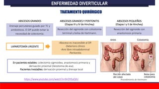 Drenaje percutáneo guiado por TC y
antibióticos. El DP puede evitar la
necesidad de colectomía.
ENFERMEDAD DIVERTICULAR
TRATAMIENTO QUIRÚRGICO
Resección del sigmoide con colostomía
terminal y bolsa de Hartmann.
Resección del sigmoide con
anastomosis primaria
ABSCESOS GRANDES ABSCESOS GRANDES Y PERITONITIS
(Etapas III y IV de Hinchey)
ABSCESOS PEQUEÑOS
(Etapas I y II de Hinchey)
LAPAROTOMÍA URGENTE
-Absceso es inaccesible al DP.
-Deterioro clínico
-Aire libre intraabdominal
-Peritonitis
En pacientes estables: colectomía sigmoidea, anastomosis primaria y
derivación proximal (ileostomía de asa).
Pacientes Inestables: derivación proximal y drenaje local
https://www.youtube.com/watch?v=9IrDYEaQIlU Procedimiento de Hartmann
 
