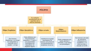 PÓLIPOS
Pólipos Neoplásicos
Son lesiones
displásicas, y su riesgo
de malignidad se
relaciona con el
tamaño y el tipo
Pólipos hiperplásicos.
Estos defectos son
frecuentemente
pequeños (< 5 mm) y
con propiedades
histológicas de
hiperplasia sin
displasia alguna.
Pólipos serrados
constituyen un grupo
heterogéneo de
lesiones con potencial
de transformación a
neoplasias invasivas.
Pólipos
hamartomatosos
Están compuestos por
tejido epitelial y
estromal, y casi nunca
son premalignos
Pólipos inflamatorios
Son lesiones elevadas
de naturaleza
inflamatoria no
neoplásica, y se
observan mas a
menudo en la EII
Es cualquier
protuberancia de la
superficie de la
mucosa intestinal
 