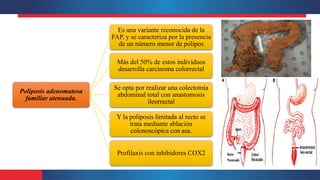 Poliposis adenomatosa
familiar atenuada.
Es una variante reconocida de la
FAP, y se caracteriza por la presencia
de un número menor de pólipos
Más del 50% de estos individuos
desarrolla carcinoma colorrectal
Se opta por realizar una colectomía
abdominal total con anastomosis
ileorrectal
Y la poliposis limitada al recto se
trata mediante ablación
colonoscópica con asa.
Profilaxis con inhibidores COX2
 