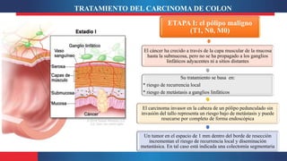 ETAPA I: el pólipo maligno
(T1, N0, M0)
El cáncer ha crecido a través de la capa muscular de la mucosa
hasta la submucosa, pero no se ha propagado a los ganglios
linfáticos adyacentes ni a sitios distantes
Su tratamiento se basa en:
* riesgo de recurrencia local
* riesgo de metástasis a ganglios linfáticos
El carcinoma invasor en la cabeza de un pólipo pedunculado sin
invasión del tallo representa un riesgo bajo de metástasis y puede
resecarse por completo de forma endoscópica
Un tumor en el espacio de 1 mm dentro del borde de resección
incrementan el riesgo de recurrencia local y diseminación
metastásica. En tal caso está indicada una colectomía segmentaria
TRATAMIENTO DEL CARCINOMA DE COLON
 