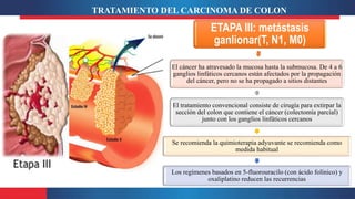 ETAPA III: metástasis
ganlionar(T, N1, M0)
El cáncer ha atravesado la mucosa hasta la submucosa. De 4 a 6
ganglios linfáticos cercanos están afectados por la propagación
del cáncer, pero no se ha propagado a sitios distantes
El tratamiento convencional consiste de cirugía para extirpar la
sección del colon que contiene el cáncer (colectomía parcial)
junto con los ganglios linfáticos cercanos
Se recomienda la quimioterapia adyuvante se recomienda como
medida habitual
Los regímenes basados en 5-fluorouracilo (con ácido folínico) y
oxaliplatino reducen las recurrencias
TRATAMIENTO DEL CARCINOMA DE COLON
 