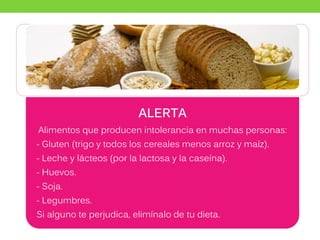 ALERTA
Alimentos que producen intolerancia en muchas personas:
- Gluten (trigo y todos los cereales menos arroz y maíz).
- Leche y lácteos (por la lactosa y la caseína).
- Huevos.
- Soja.
- Legumbres.
Si alguno te perjudica, elimínalo de tu dieta.
 