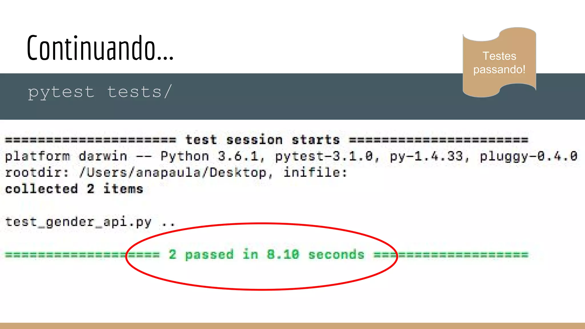 Continuando...
pytest tests/
Testes
passando!
 