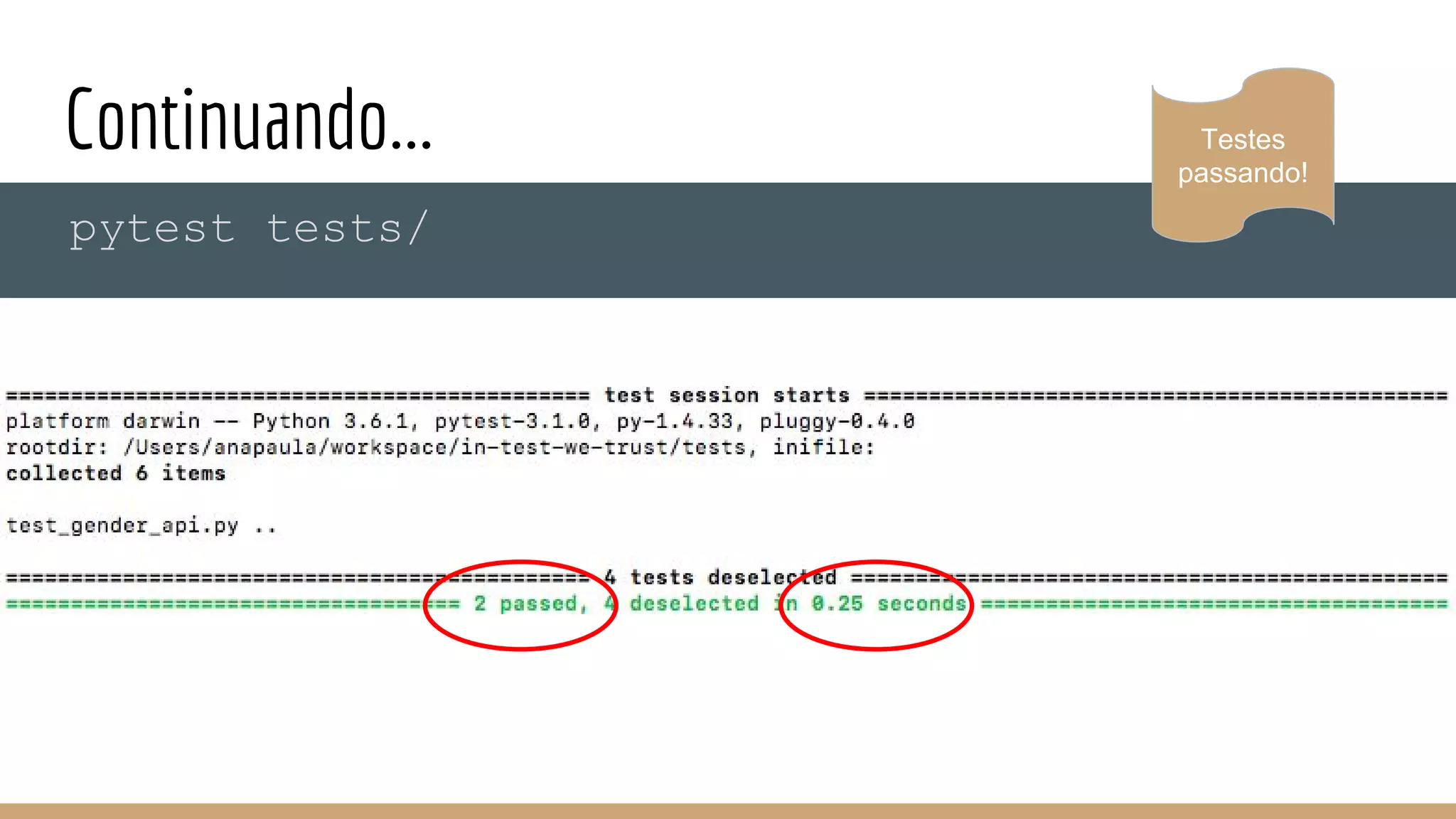 Continuando...
pytest tests/
Testes
passando!
 