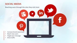 SOCIAL MEDIA 
Reaching users through the sites they visit most 
• Increase brand awareness 
• Reach new users 
• Target your message 
• Drive traffic 
7 
 